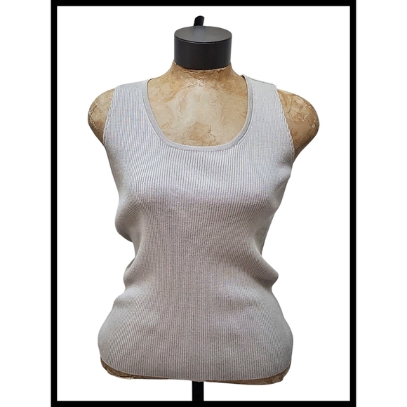 ST. JOHN Ribbed Wool Blend Santana Knit Sleeveless Shell Tank Top Taupe Medium - Picture 1 of 8